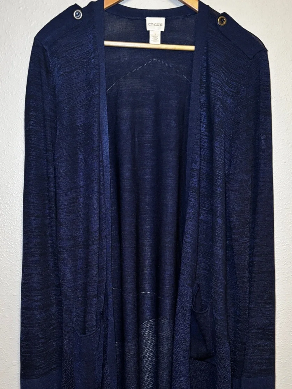 Chico’s Long Navy Black Cardigan Size 2 Duster Open Front Lightweight Layer - Picture 2 of 15
